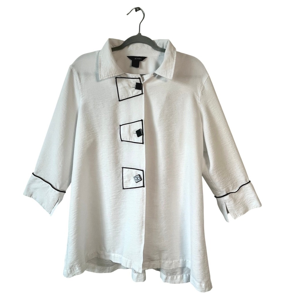 Ali Miles Womens XL White Textured Button Up Tunic Black Trim Square Buttons